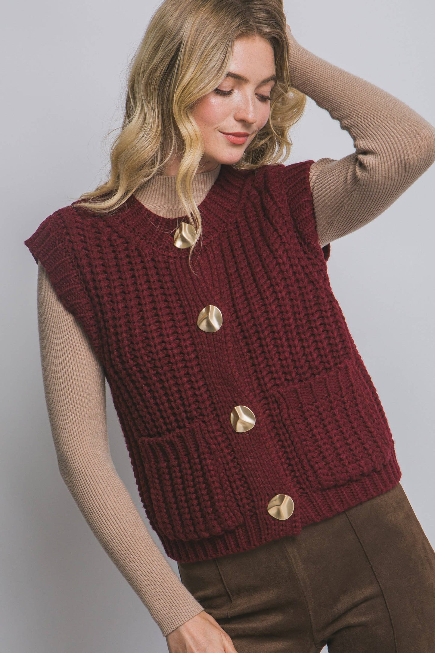 Knit Sweater Vest Gold Button Down