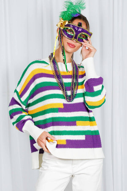 Color Block Striped Mardi Gras Crochet Knit Sweater