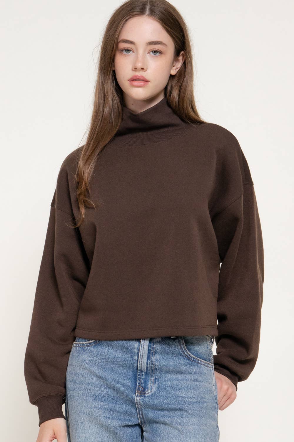 Long Sleeve Ribbed Mock Neck Inner Brushed Sweatshirt
