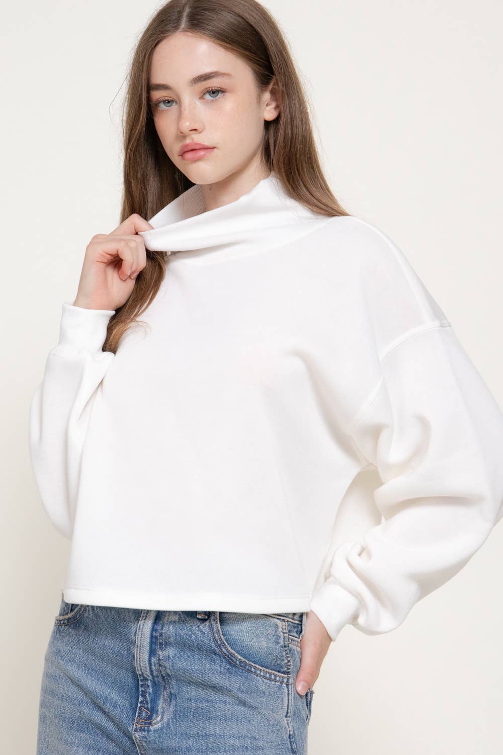 Long Sleeve Ribbed Mock Neck Inner Brushed Sweatshirt