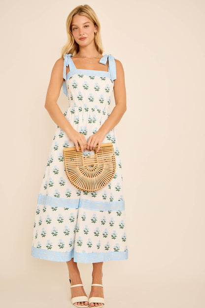 Floral Print Midi Dress with Tie Shoulder Straps