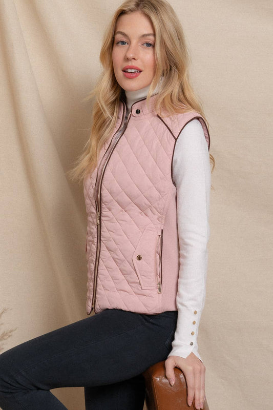 Blush Pink Suede Piping Detail Rib Quilted Padding Vest