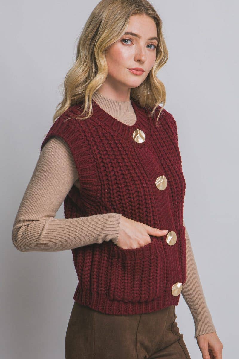 Knit Sweater Vest Gold Button Down