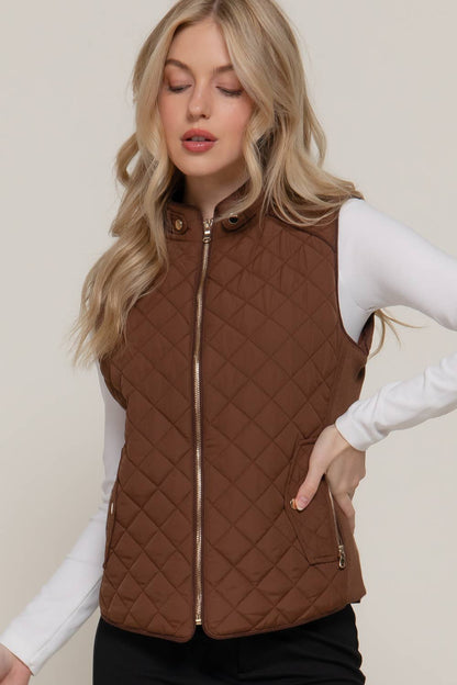 Suede Piping Detail Rib Quilted Padding Vest