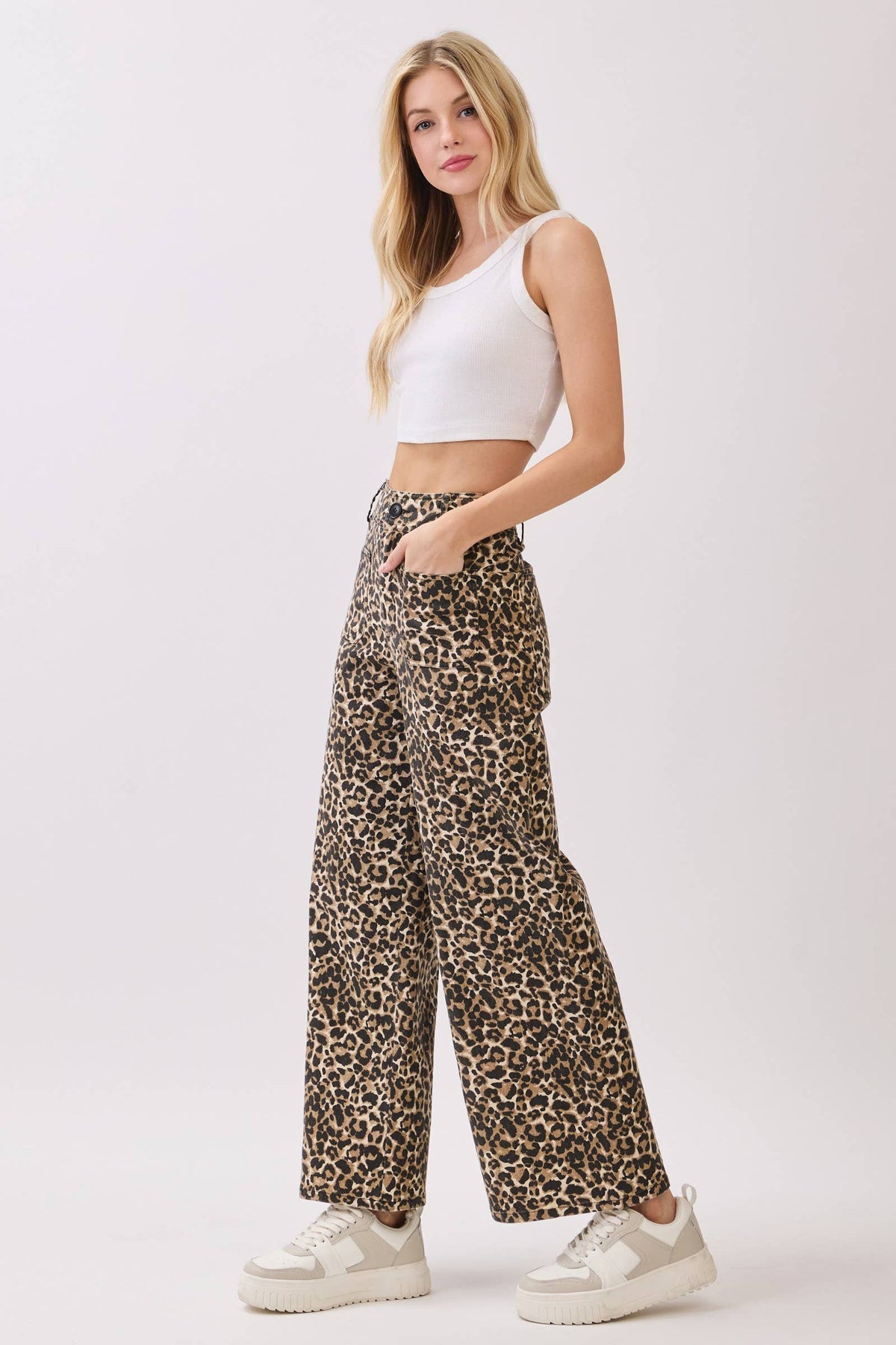 Leopard Stretch Twill Wide Leg Pants