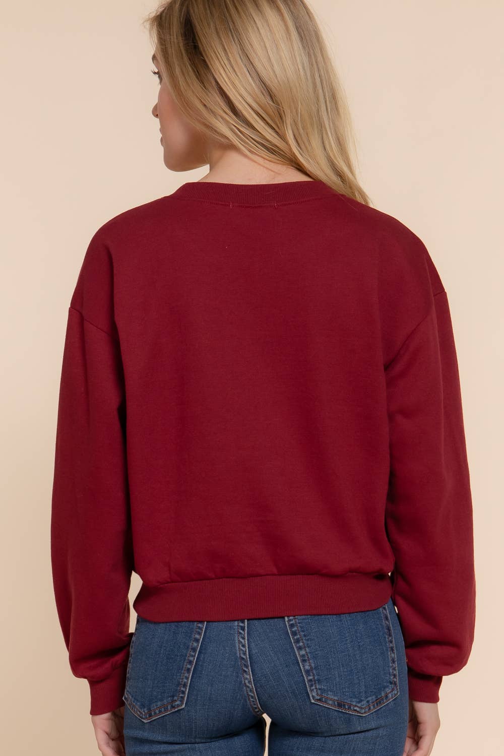 Dark Wine Long Sleeve Round Neck Crop Sweatshirt