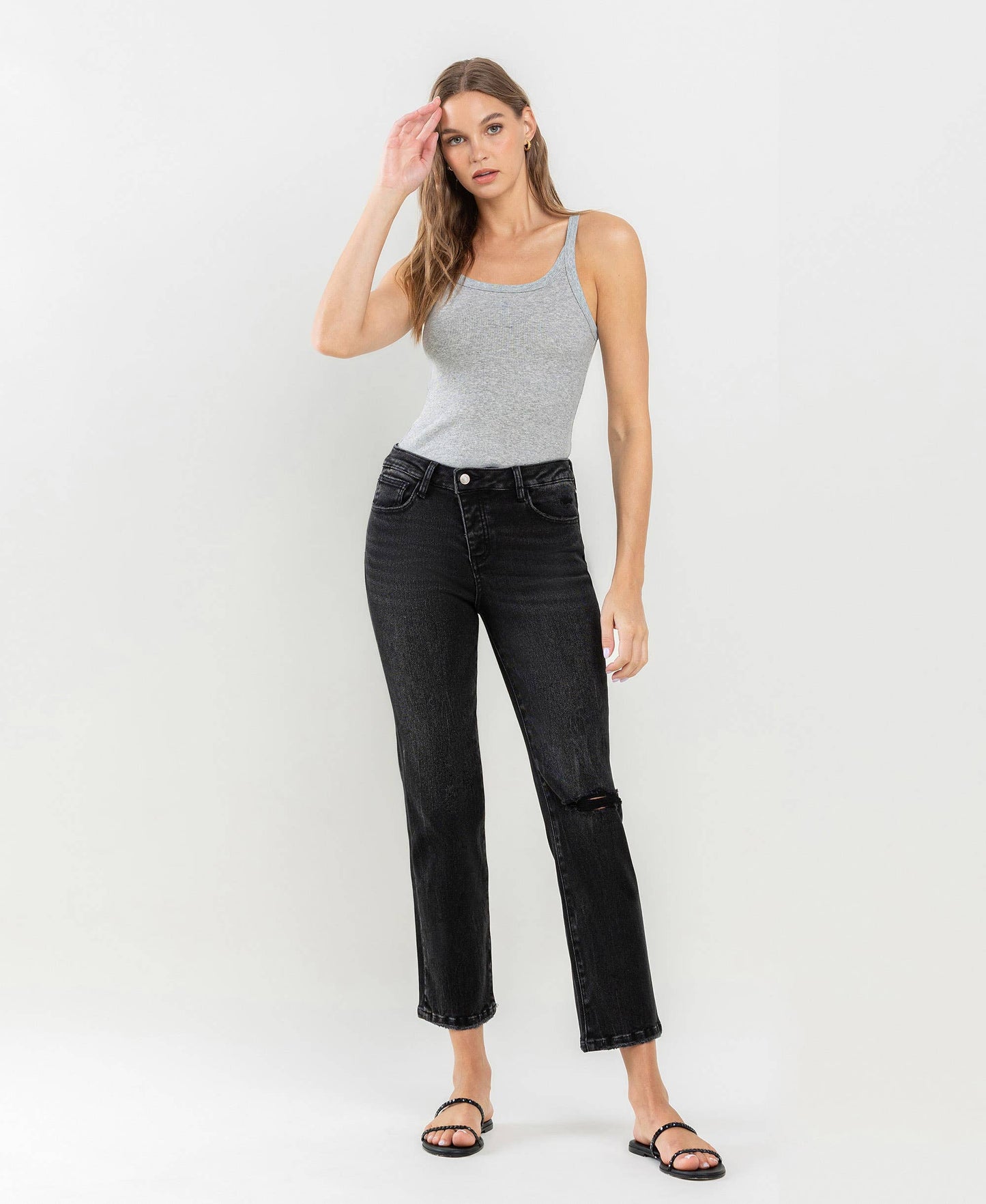 High Rise Distressed Crop Straight Jeans