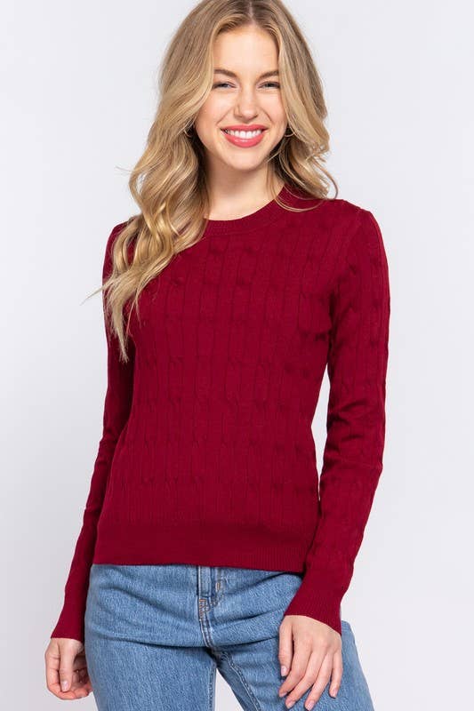 Purple Round Neck Cable Sweater