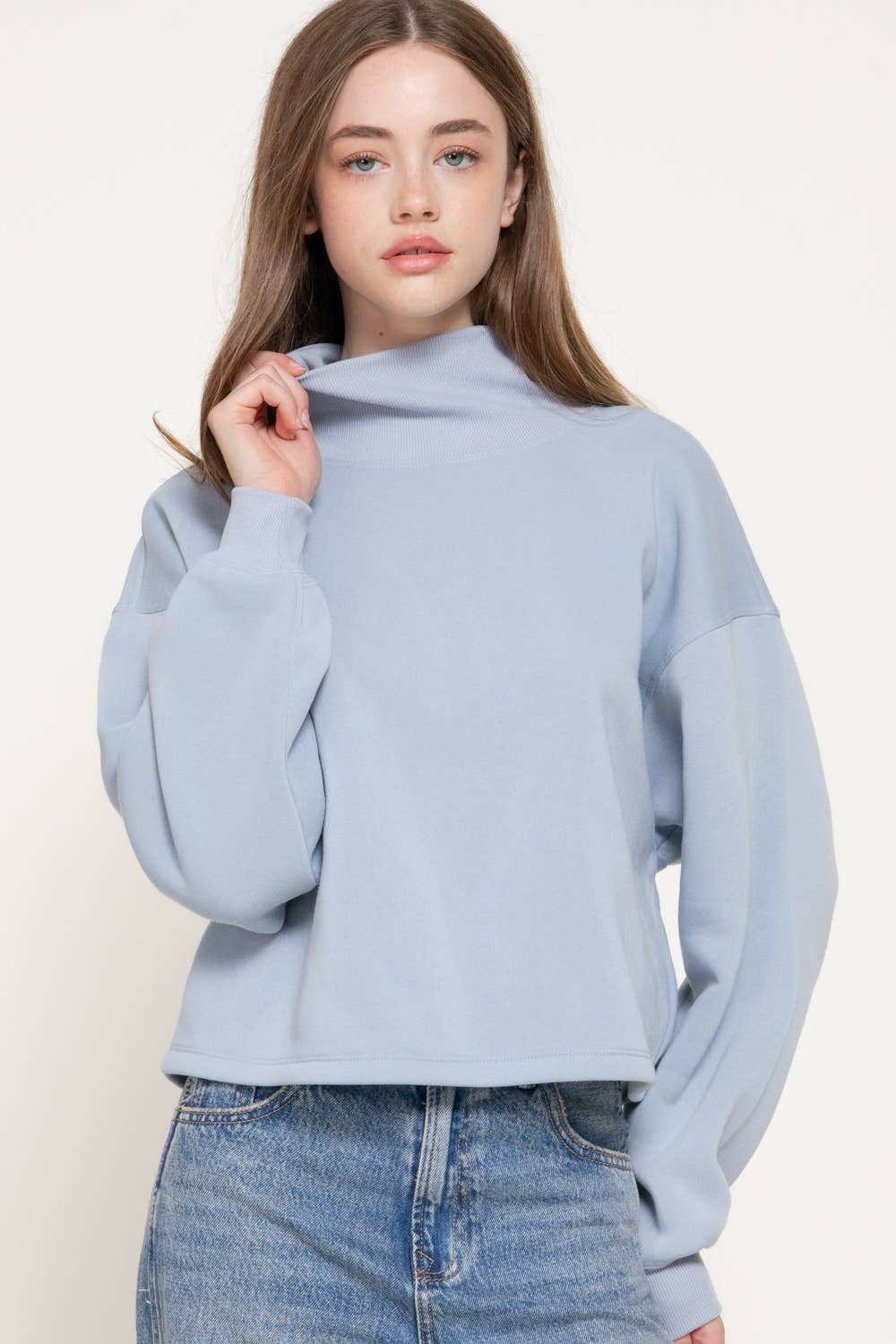 Long Sleeve Ribbed Mock Neck Inner Brushed Sweatshirt