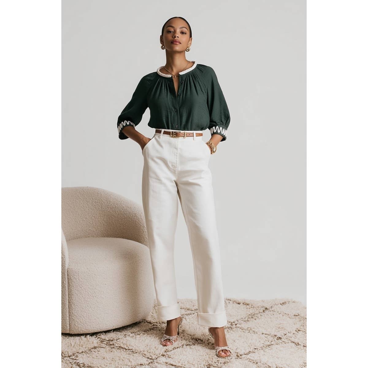 Abstract Applique Popover Blouse