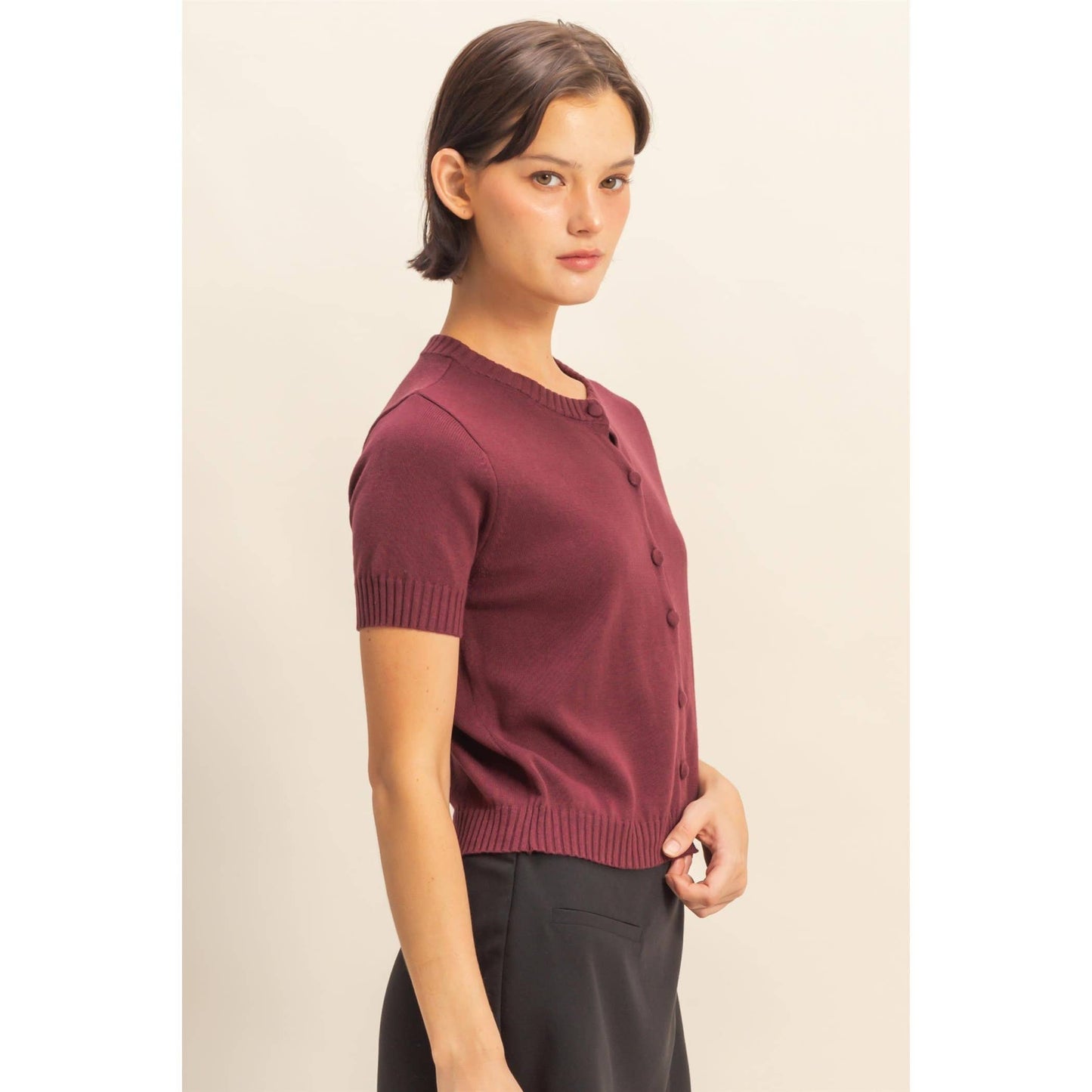 Crew Neck Short Sleeve  Buttoned Cardigan