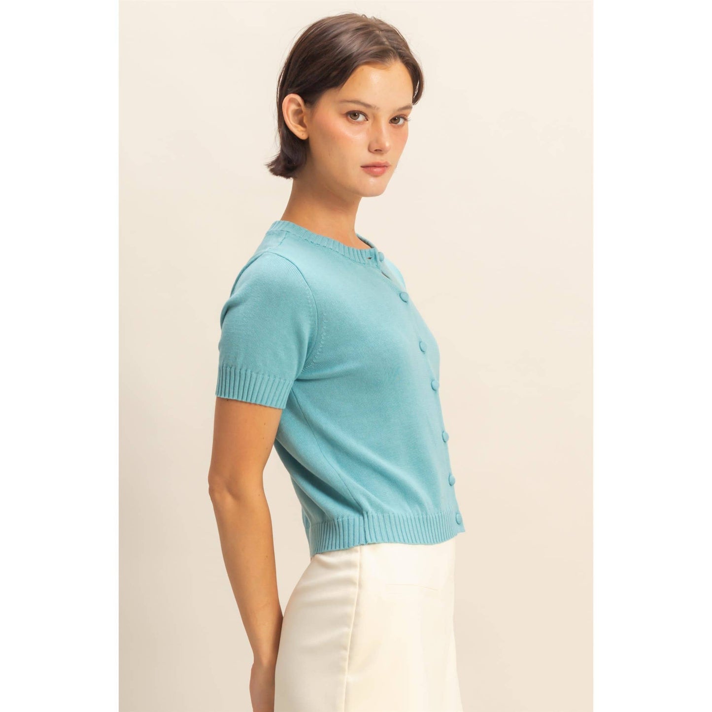 Crew Neck Short Sleeve  Buttoned Cardigan