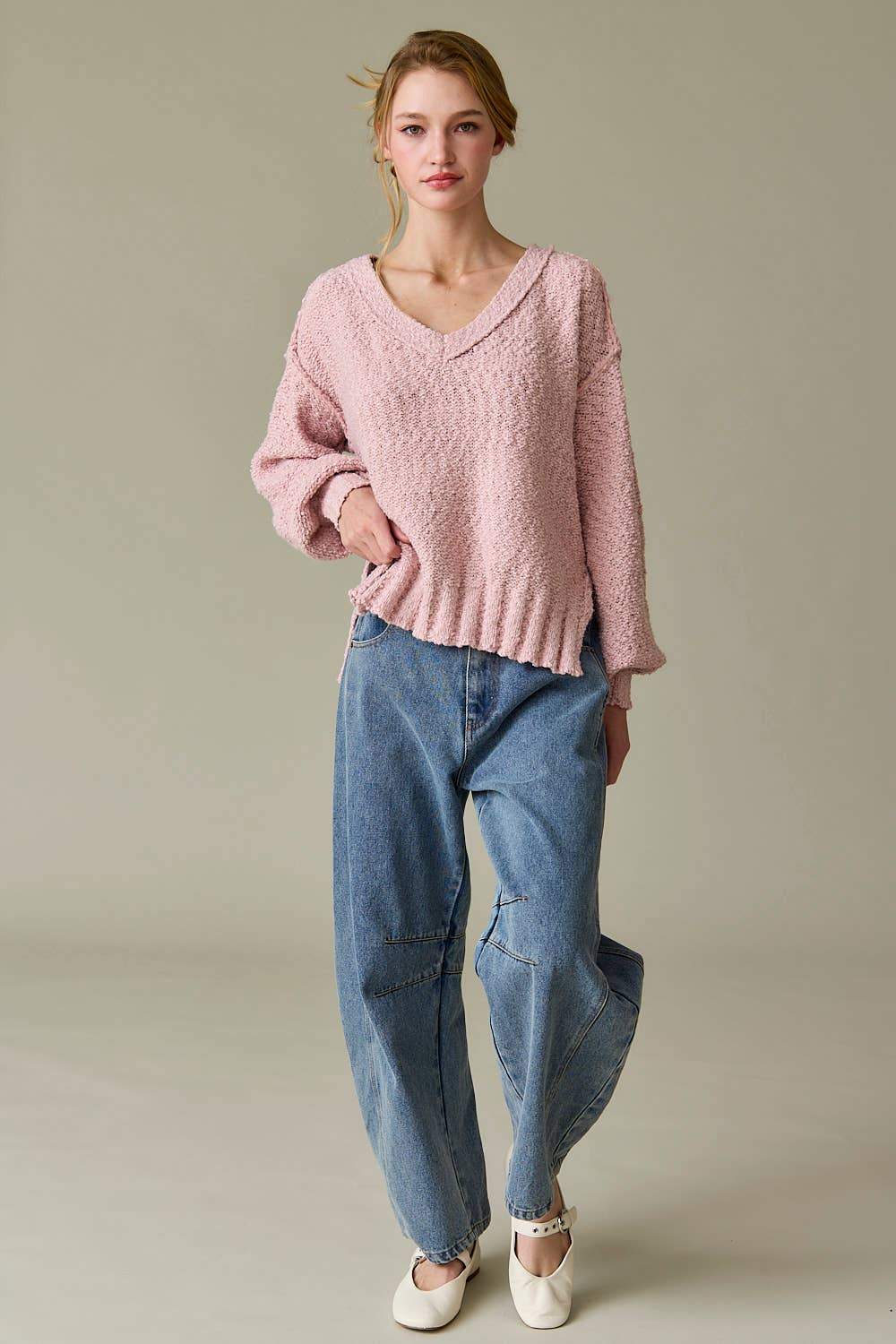 Dusty Pink Loose Fit V-neck Balloon Sleeve Sweater