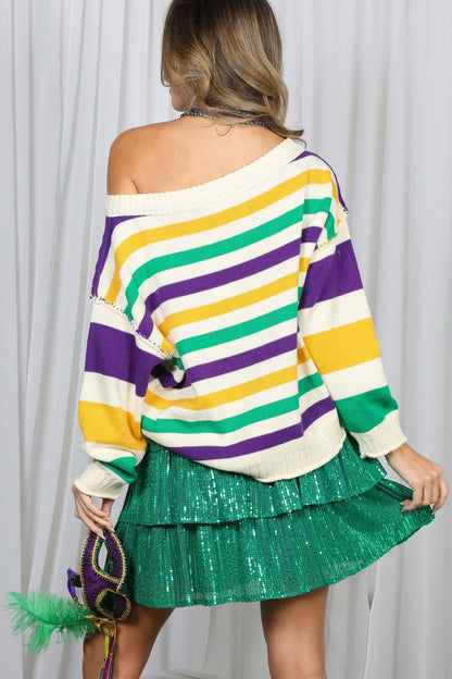 Mardi Gras Boat Neck Casual Striped Sweater