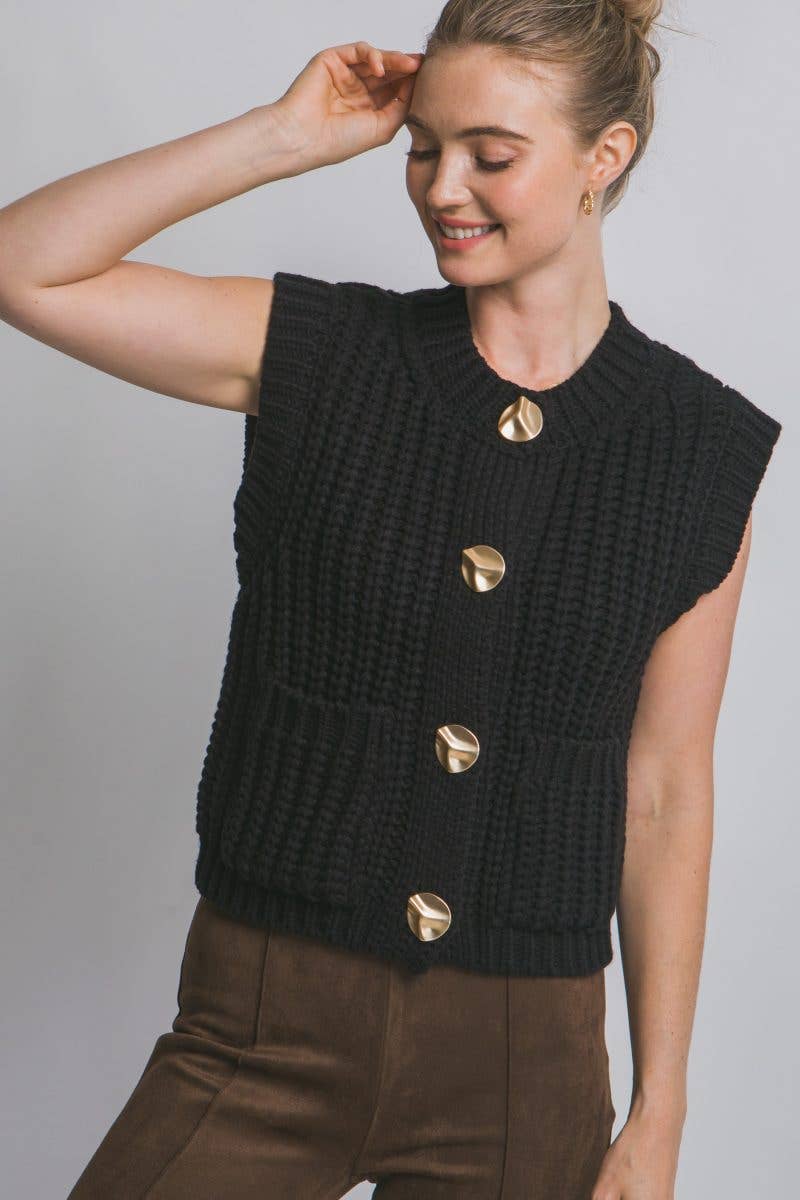 Knit Sweater Vest Gold Button Down