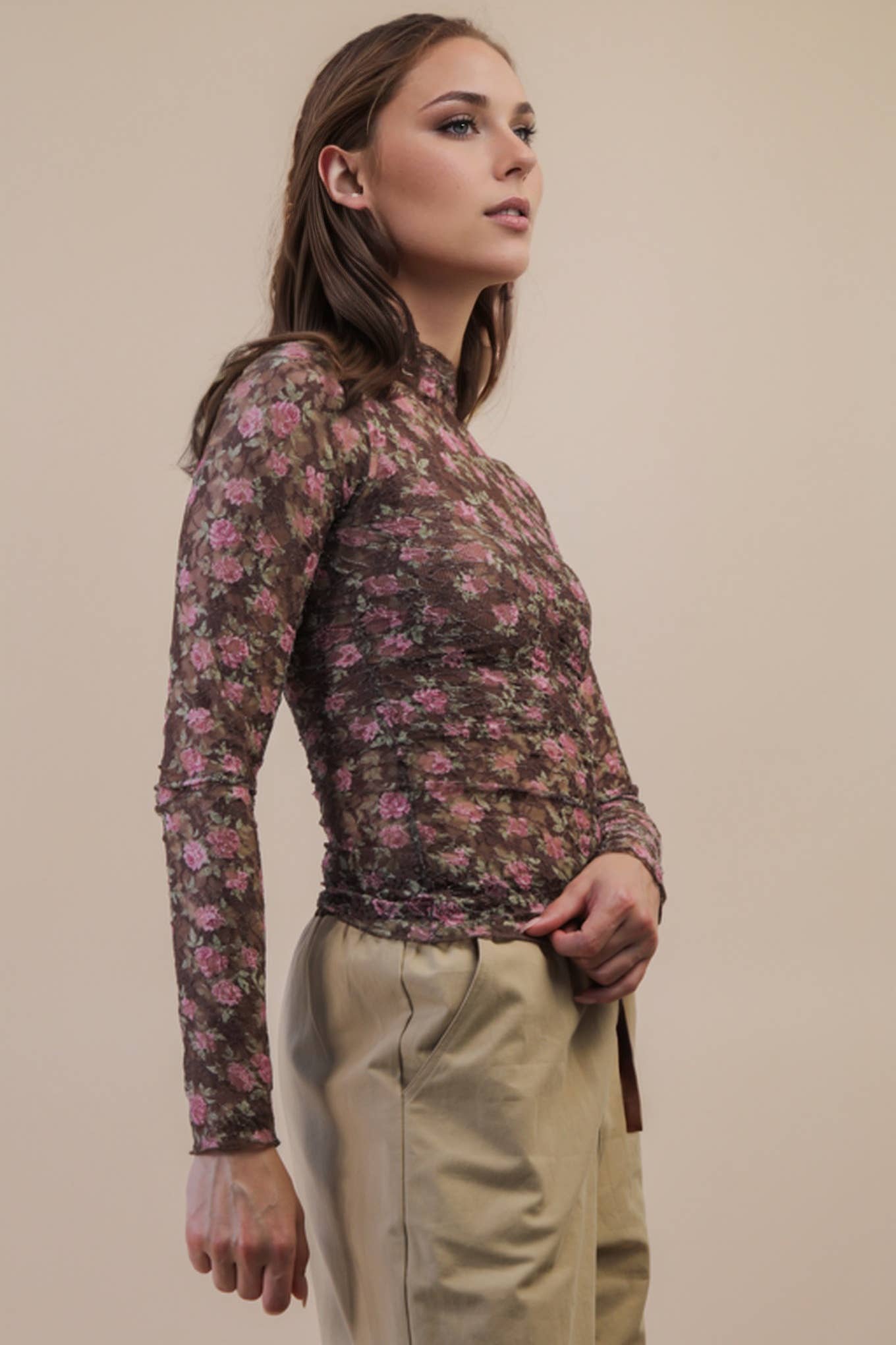 High Neck Fitted Sheer Mesh Lace Knit Top