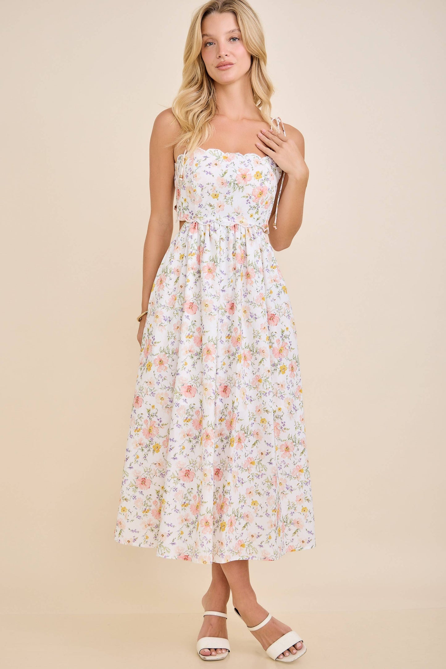 Scallop Edge Tie Shoulder Floral Midi Dress