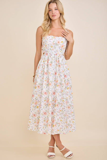 Scallop Edge Tie Shoulder Floral Midi Dress