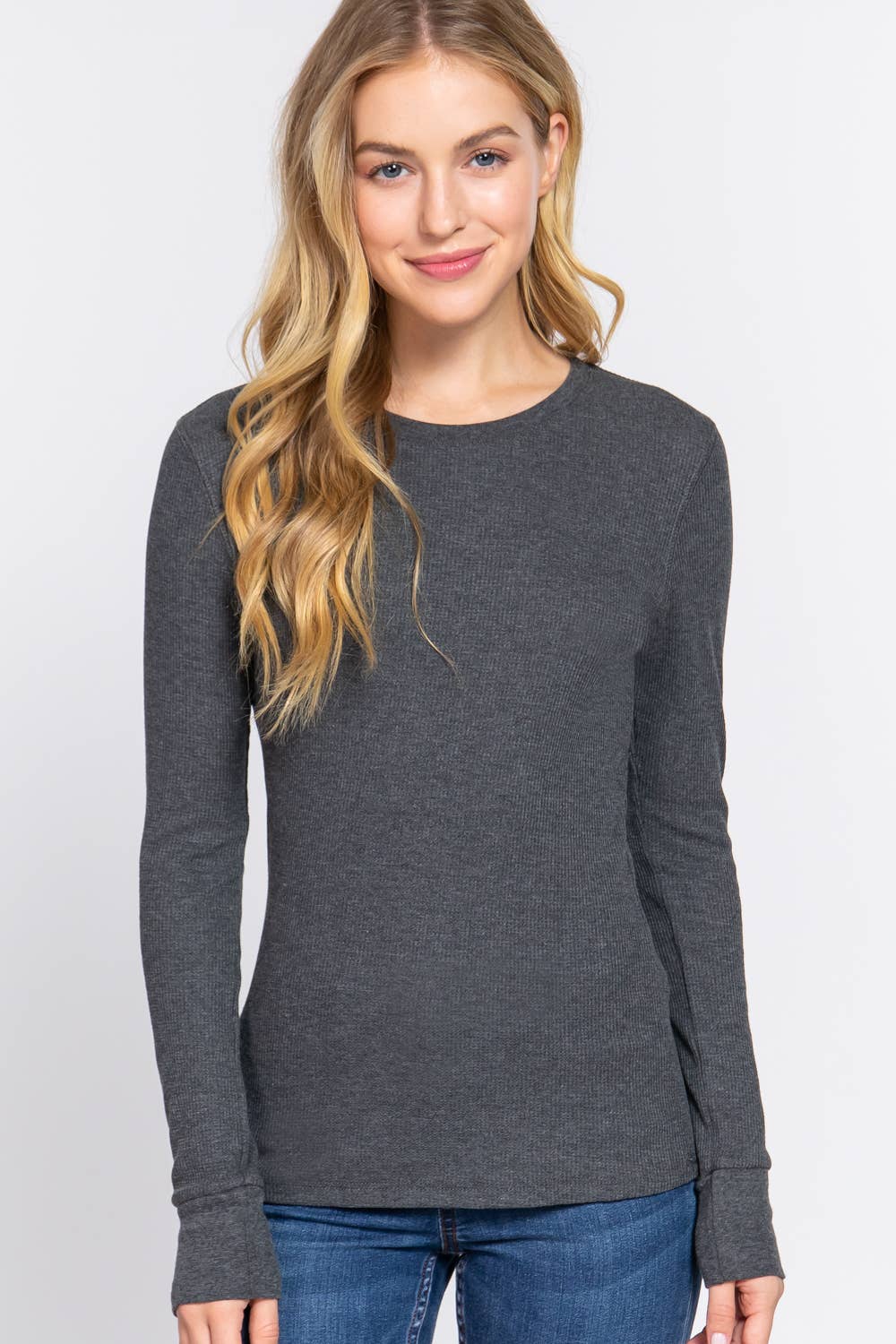 Black Long Sleeve Crew Neck Thermal Knit Top