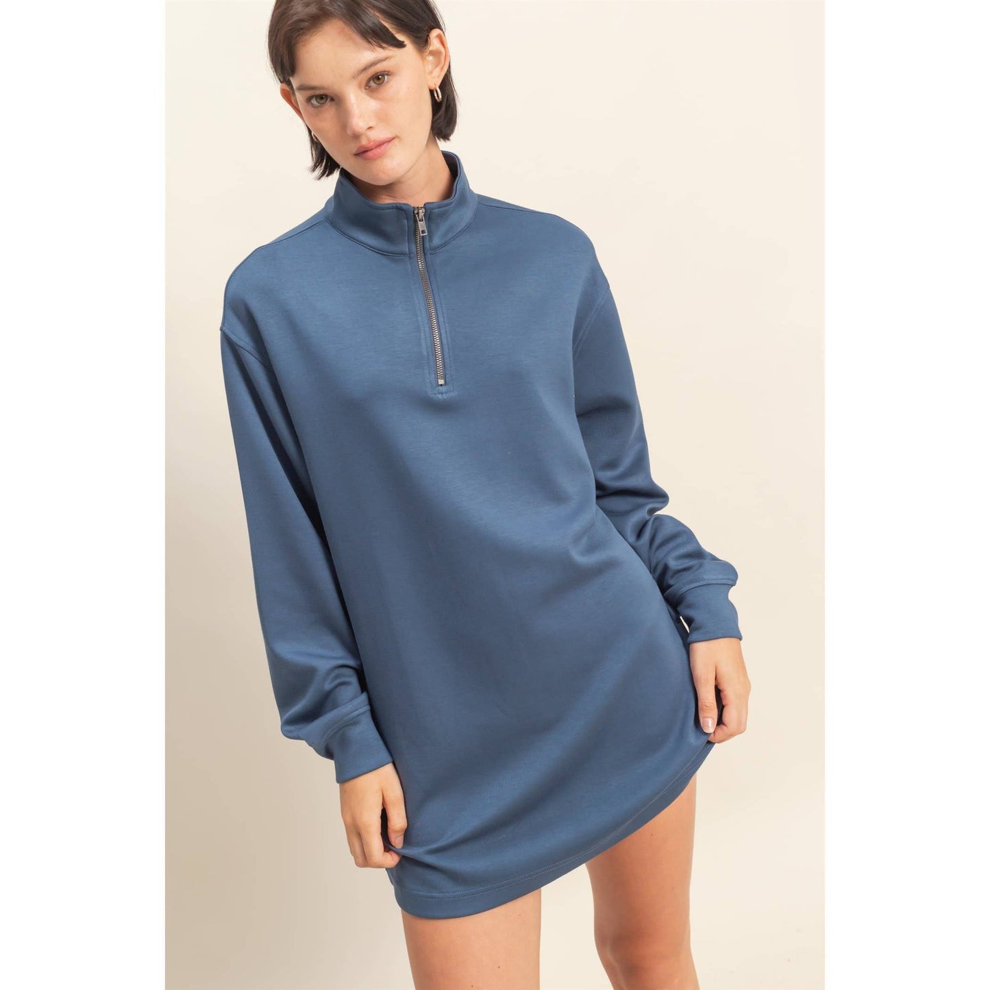Double Knit Half Zip Up Long Sleeve Mini Dress