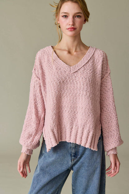 Dusty Pink Loose Fit V-neck Balloon Sleeve Sweater