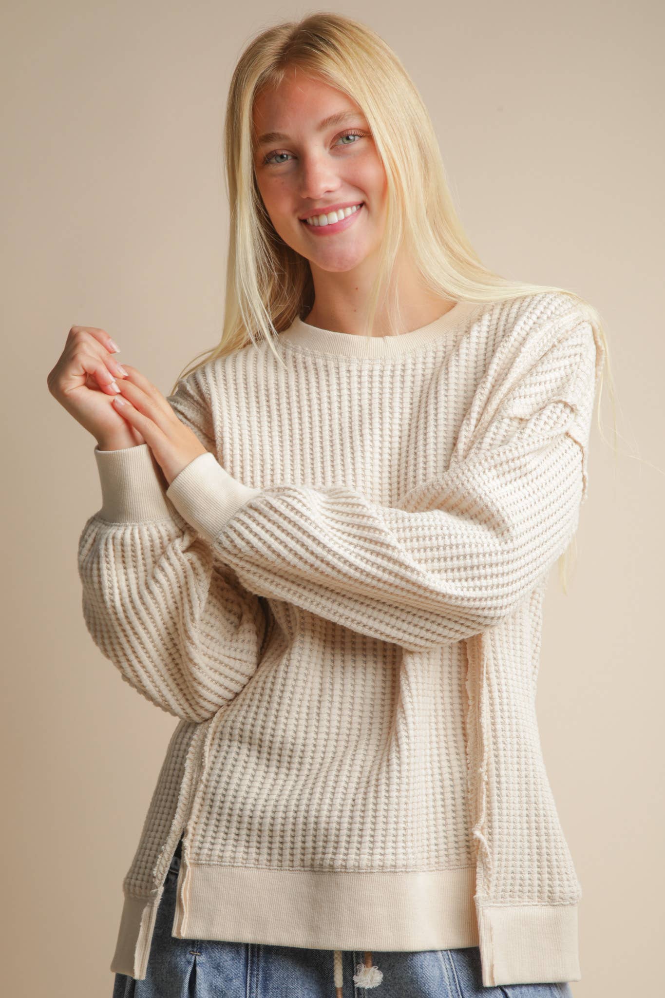 Cream Oversized Waffle Knit Casual Top