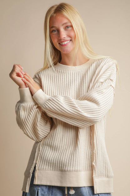 Cream Oversized Waffle Knit Casual Top
