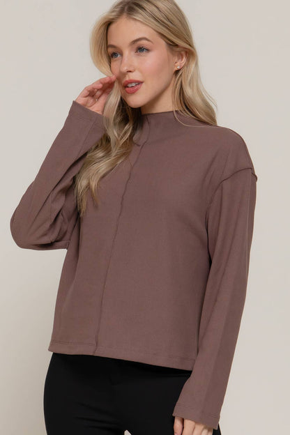Long Sleeve Visible Overlocked Seams Detail Brushed Rib Top