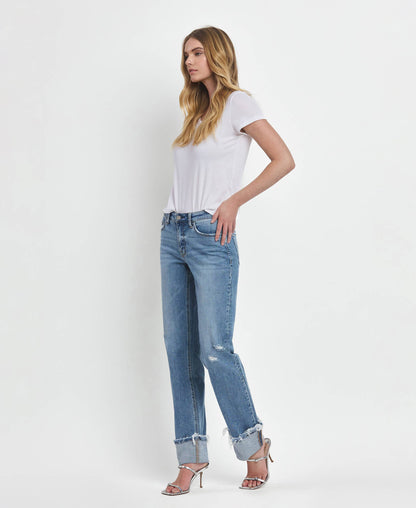 Mid Rise Cuffed Straight Jeans