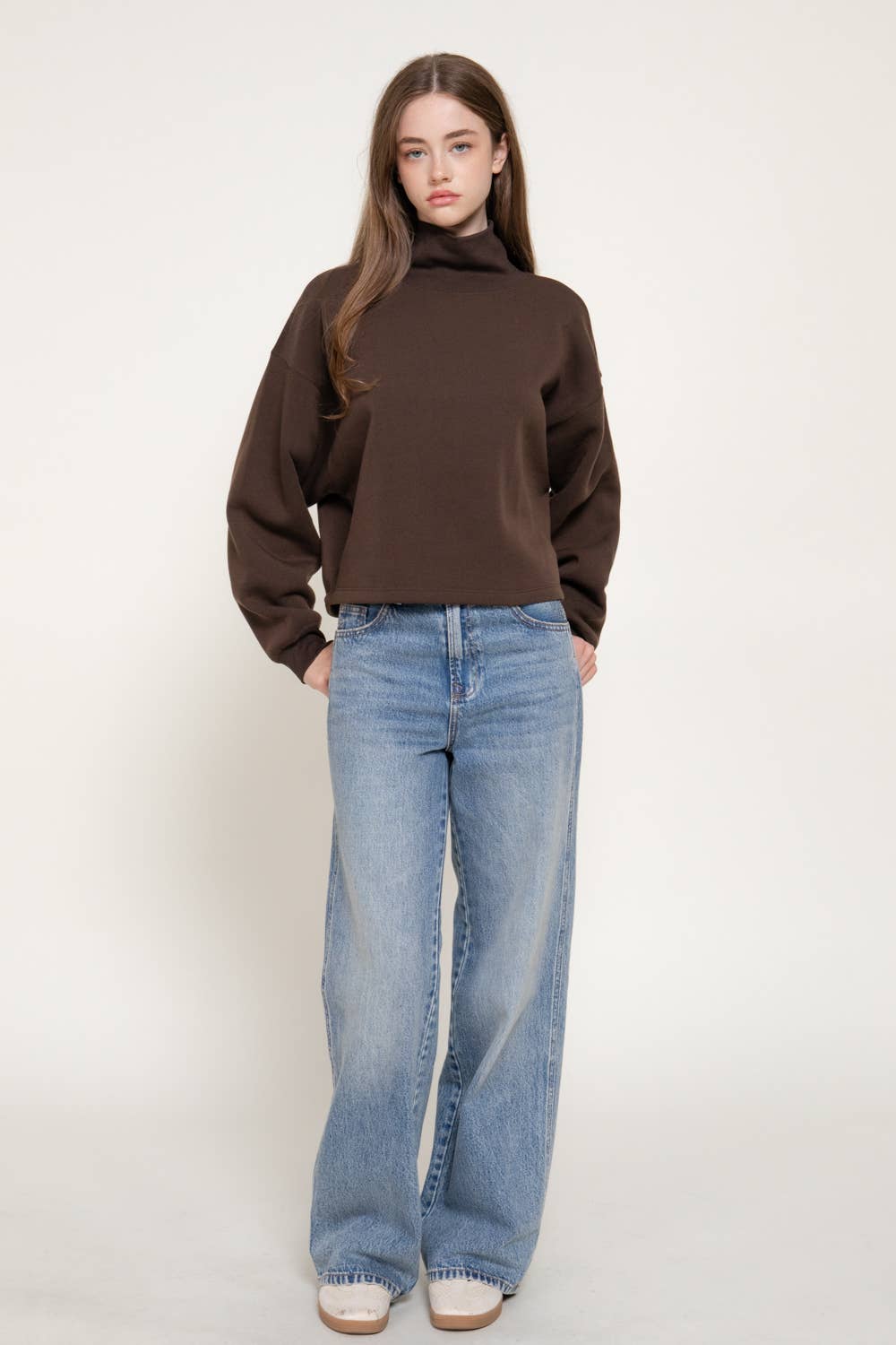 Long Sleeve Ribbed Mock Neck Inner Brushed Sweatshirt