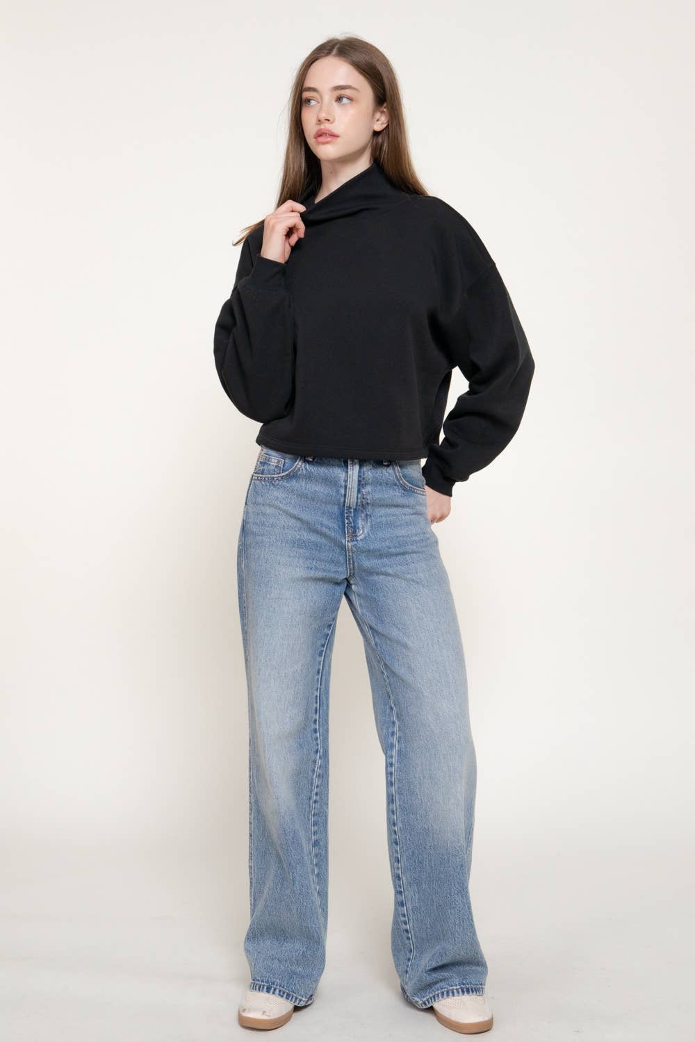 Long Sleeve Ribbed Mock Neck Inner Brushed Sweatshirt