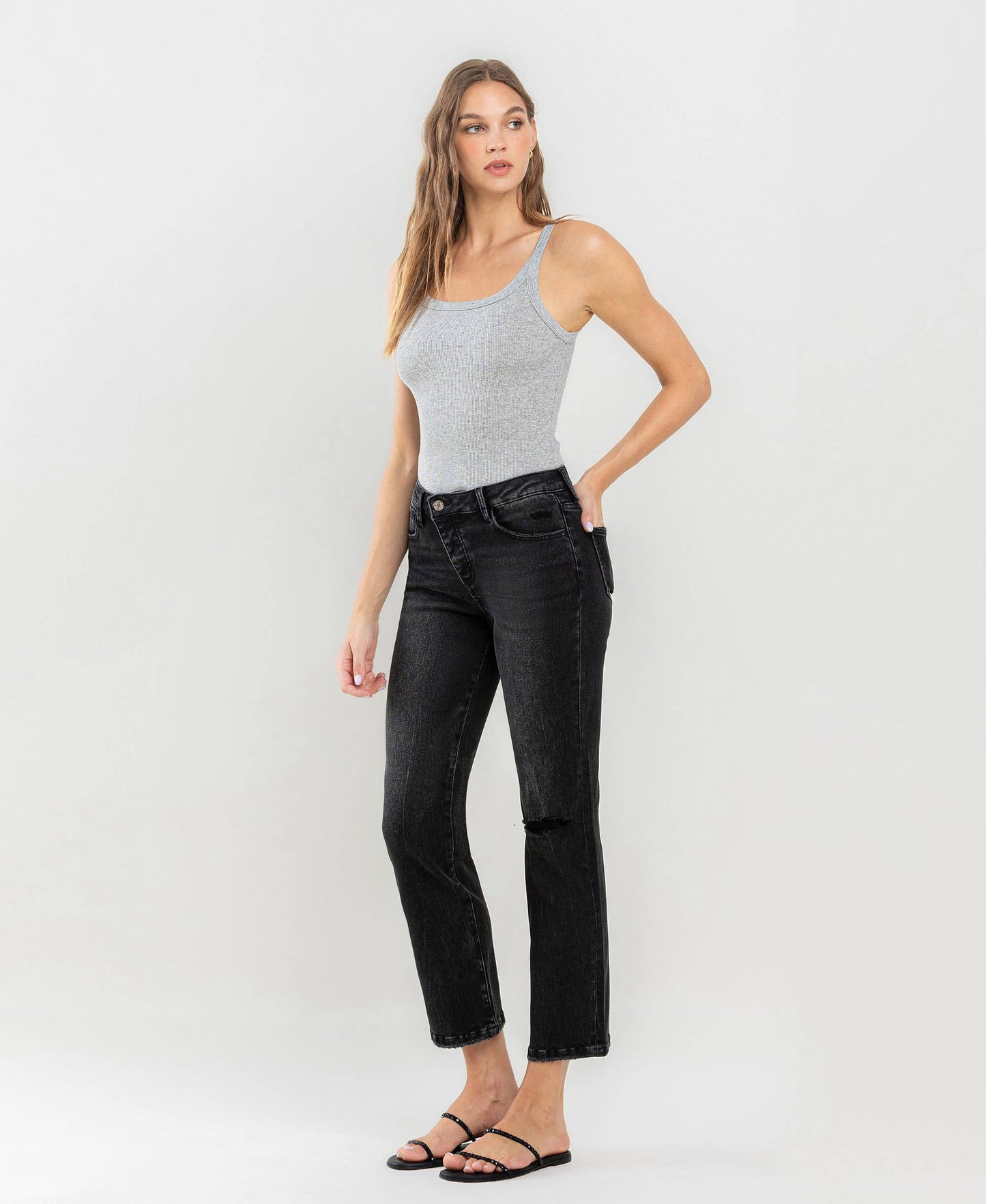 High Rise Distressed Crop Straight Jeans