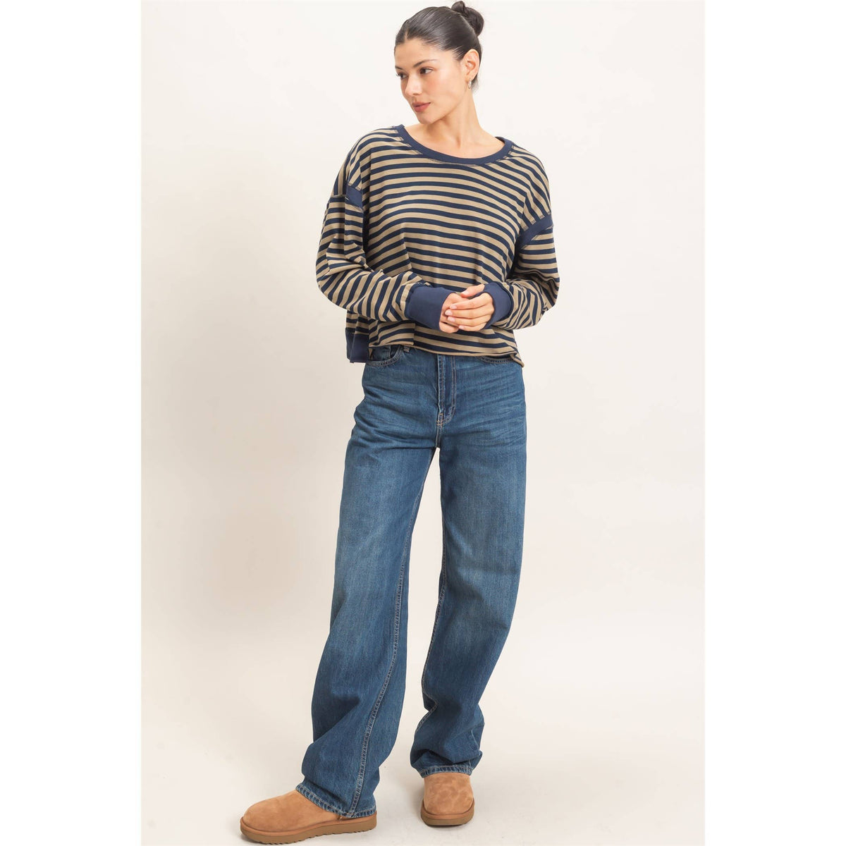 Striped Open Back Long Sleeve Top