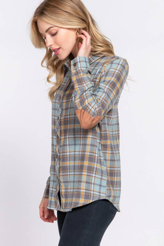 Long Sleeve with Suede Patch Button Down Plaid Shirt