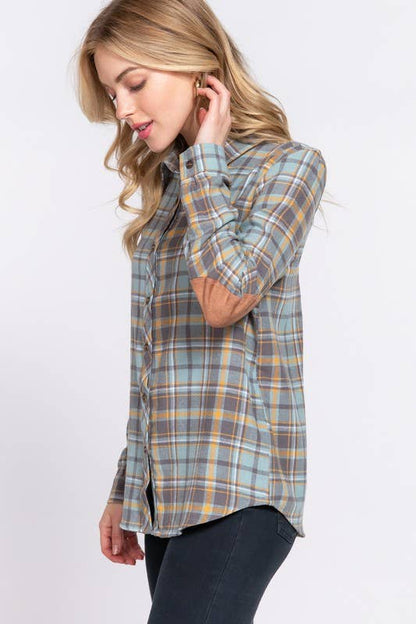 Long Sleeve with Suede Patch Button Down Plaid Shirt