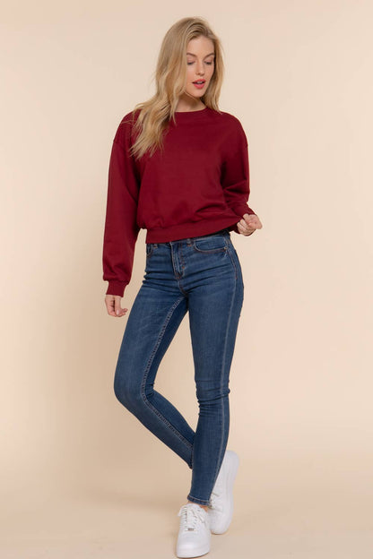 Dark Wine Long Sleeve Round Neck Crop Sweatshirt