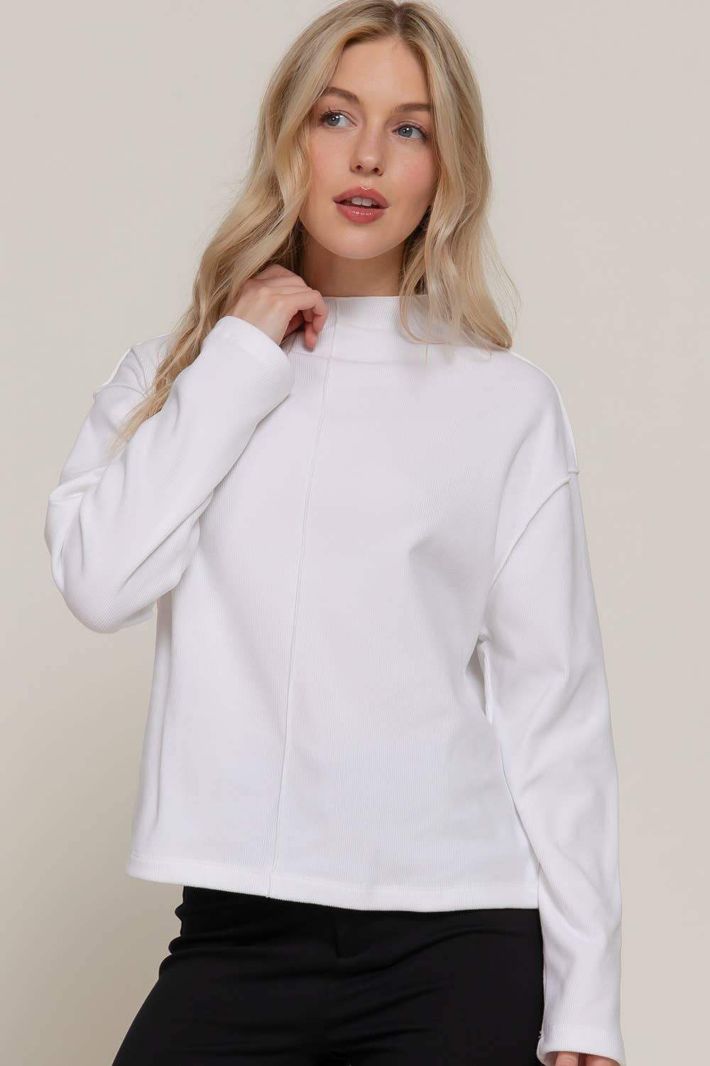 Long Sleeve Visible Overlocked Seams Detail Brushed Rib Top