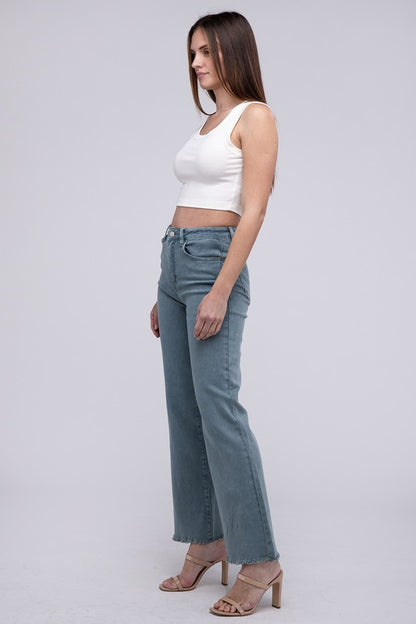 Acid Washed Frayed Cutoff Hem Straight Wide Pants