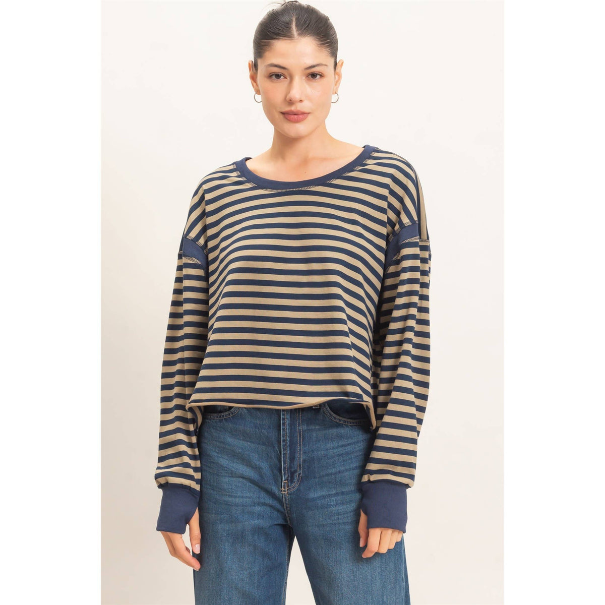 Striped Open Back Long Sleeve Top