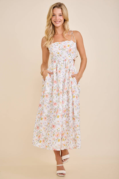Scallop Edge Tie Shoulder Floral Midi Dress