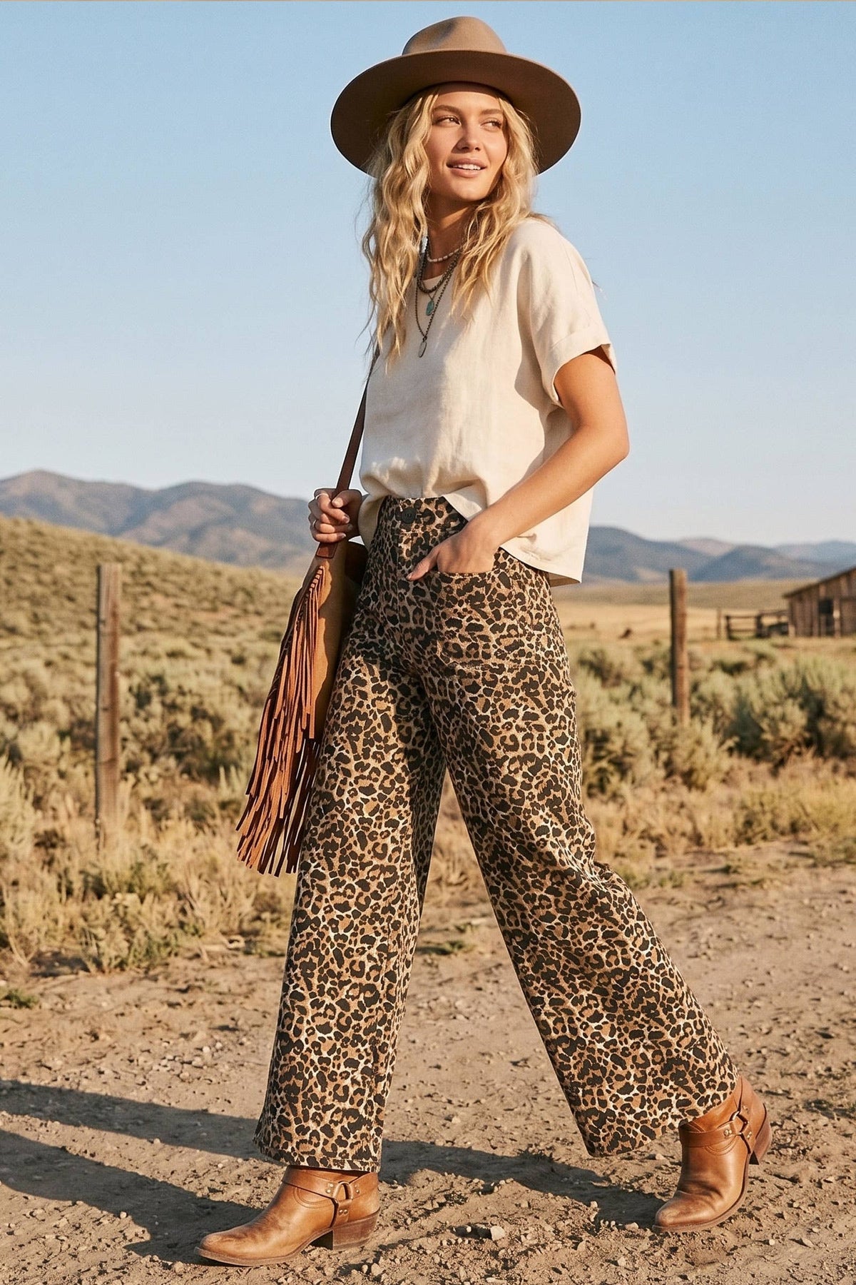Leopard Stretch Twill Wide Leg Pants