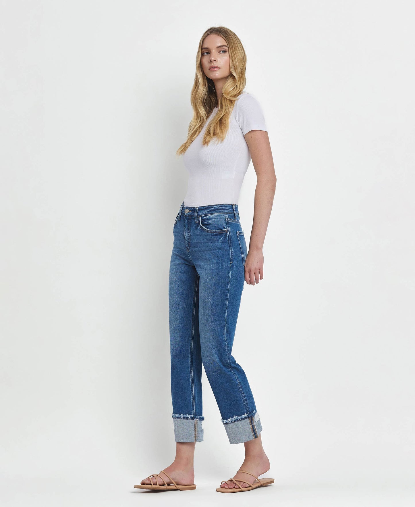 High Rise Cuffed Straight Jeans