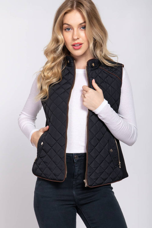 Black Suede Piping Detail Rib Quilted Padding Vest