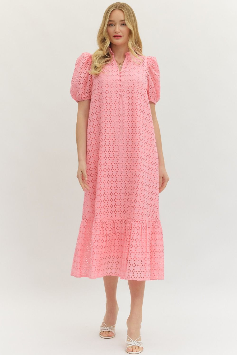 Pink Peony Eyelet Midi Dress