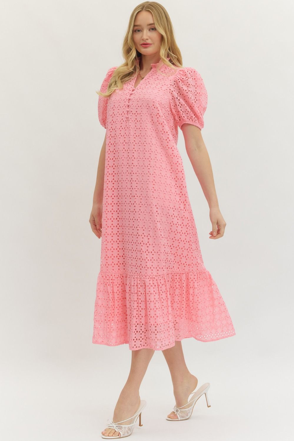 Pink Peony Eyelet Midi Dress