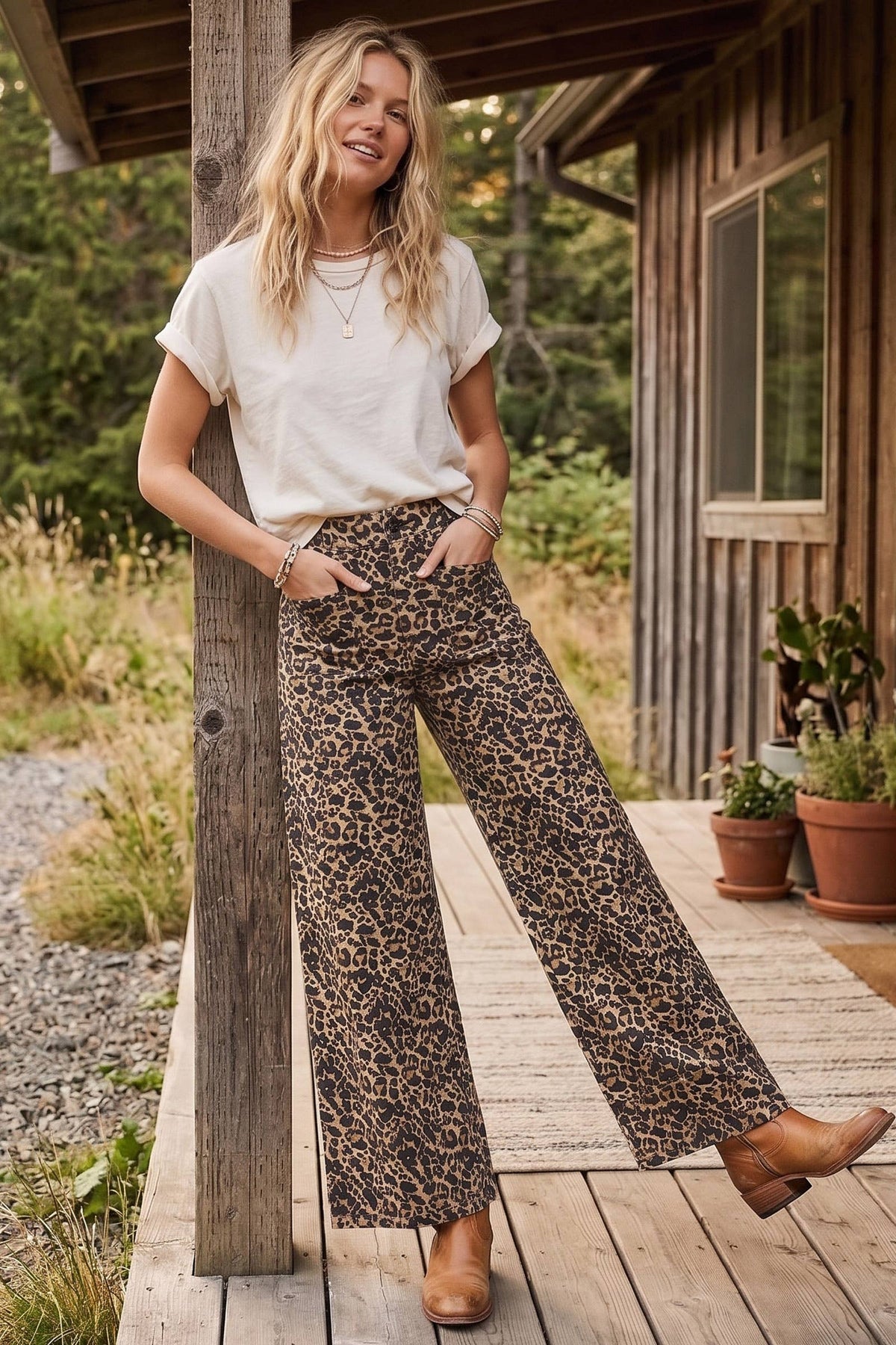 Leopard Stretch Twill Wide Leg Pants