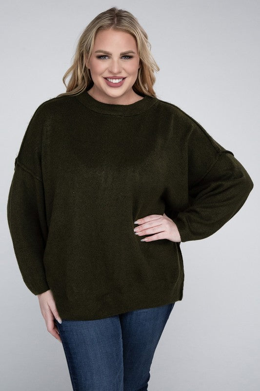 Plus Oversized Round Neck Raw Seam Melange Sweater