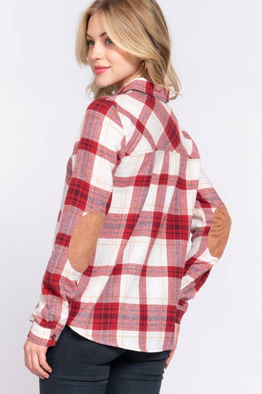 Long Sleeve with Suede Patch Button Down Plaid Shirt