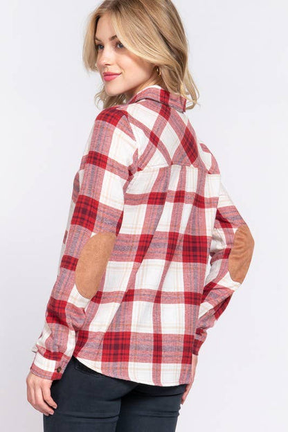 Long Sleeve with Suede Patch Button Down Plaid Shirt