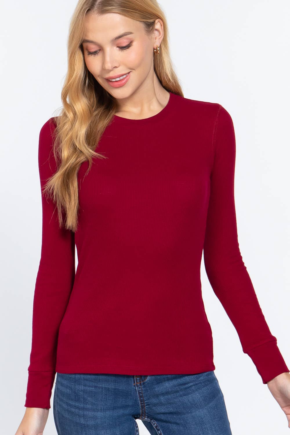 Black Long Sleeve Crew Neck Thermal Knit Top